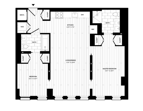 Floor plan for 2 beds, 2 baths, 1098 sqft